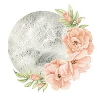 Floral blooming moon. Watercolor hand drawn illustration of Full Luna and rose Flowers for icon or logo. Celestial drawing in pastel colors for astrological element. Astrological sketch vector