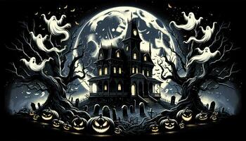 An illustration depicting a spooky Halloween night with a moonlit mansion, twisted trees, ghostly figures, and eerie-faced pumpkins. AI Generated photo