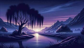 An illustration depicting a tranquil, mystical landscape during twilight. AI Generated photo