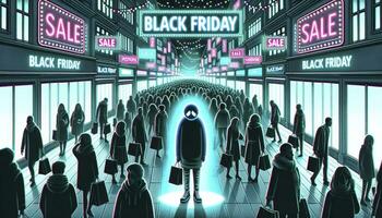 Illustration depicting a busy shopping street lit up with 'Black Friday'. In the middle of the scene, a ghostly figure embodying depression stands still, AI Generative photo