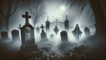 A photo-style image showcasing a fog-covered graveyard on Halloween, with old tombstones, a wrought-iron gate, and ghostly apparitions emerging from the fog. AI Generated photo