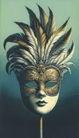 A Venetian mask with gold and silver patterns and feathers, set against a teal to deep blue gradient background, AI Generative photo