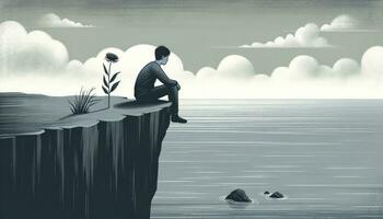 An illustration showcasing an individual reflecting on their feelings while sitting on the edge of a cliff with an overcast atmosphere. AI Generated photo