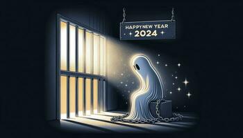 Illustration showcasing 'Happy New Year 2024' with a concept of breaking free from mental chains. AI Generative photo