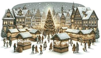 un bullicioso Navidad mercado en un pueblo cuadrado con de madera establos, gente del pueblo, y un central Navidad árbol. ai generado foto