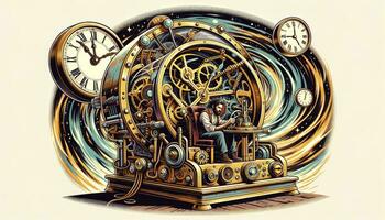 un ilustración presentando un estilo vintage hora máquina en un Steampunk estético con un aventurero viajero ajustando sus control S en medio de un hora deformación. ai generado foto