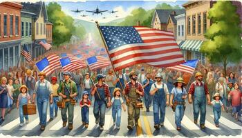 A watercolor depiction of a Labor Day parade in a small town where diverse workers march with pride, and children lead the parade carrying a large American flag. AI Generated photo