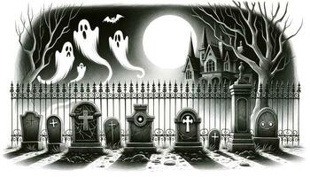 A spooky graveyard scene with ghostly apparitions, tombstones, and a haunted mansion illuminated by the full moon. AI Generated photo