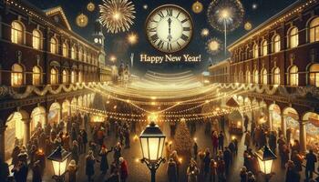 A festive town square ambiance with people celebrating, and an ornate clock nearing midnight. AI Generative photo