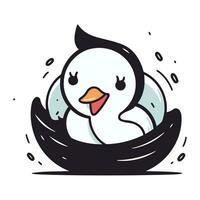 linda pingüino en el nido. mano dibujado vector ilustración.