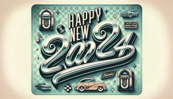 Happy New Year 2024. A design reminiscent of 50s diners and drive-ins with curvaceous letters, a classic checkered background, and iconic symbols from the era. AI Generative photo