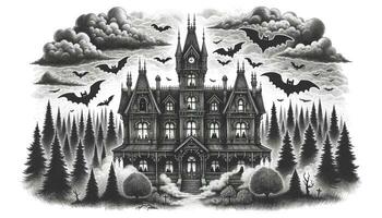 A Victorian-era mansion surrounded by a foggy forest, with spectral figures and bats adding to the eerie ambiance. AI Generated photo