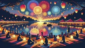 A serene lakeside setting during a fireworks festival with families and friends enjoying the mesmerizing display AI Generative photo