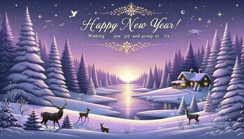 A serene winter landscape during twilight with snow-covered pine trees, grazing deer, and a message wishing joy and prosperity for the new year. AI Generative photo