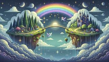 A whimsical illustration where a rainbow acts as a bridge between an enchanted forest and a magical castle, populated by mythical creatures. AI Generative photo