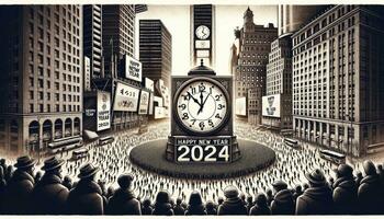 A grand city square on New Year's Eve with a massive countdown clock and an excited crowd. AI Generated photo