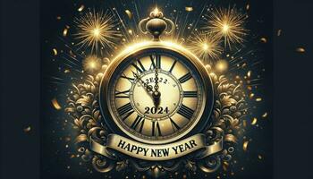 An elegant wall clock pointing to midnight with the inscription Happy New Year 2024, surrounded by radiant fireworks. AI Generated photo