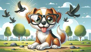 Illustration of a cheerful dog, its tail wagging, donning a pair of sleek, modern glasses, set against a backdrop of a park with playful birds in the sky. AI Generative photo