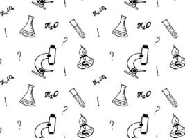 Seamless black and white doodle school pattern. Institute. Chemistry, formulas, flasks,test tubes vector