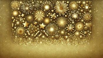 un espumoso oro Brillantina antecedentes con brillante fuegos artificiales creando un festivo atmósfera. ai generado foto