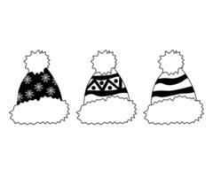 black and white set of three warm bobble hats isolated on a white background. Doodle, one line vector