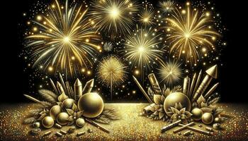 un nuevo año celebracion con un predominante oro tema, vistoso fuegos artificiales, y un luminoso fondo. ai generado foto