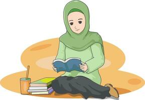 musulmán niña leyendo libros vector