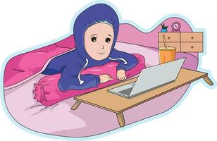 young girl watching movie on laptop vector