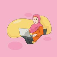 hijab girl used a laptop vector