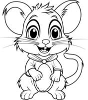 A black and white drawing of cute cartoon mouse. Hand drawn outline of mouse vector