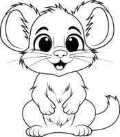 A black and white drawing of cute cartoon mouse. Hand drawn outline of mouse vector