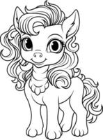 A black and white drawing of unicorn. Hand drawn outline vector