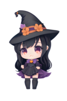 söt söt chibi häxa anime tecknad serie stil halloween rolig tecken isolerat transparent bakgrund. ai generativ. png