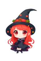 Cute kawaii chibi witch Anime cartoon style Halloween funny characters Isolated transparent background. AI Generative. PNG