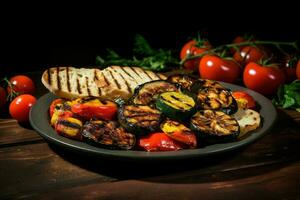 Tasty dish of grilled vegetables and baked bread food. Generate Ai photo