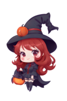 Cute kawaii chibi witch Anime cartoon style Halloween funny characters Isolated transparent background. AI Generative. PNG