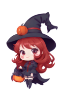 söt söt chibi häxa anime tecknad serie stil halloween rolig tecken isolerat transparent bakgrund. ai generativ. png