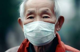 asiático antiguo hombre con médico máscara cara retrato. generar ai foto