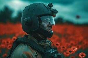Soldier uniform helmet in poppy field. Generate Ai photo