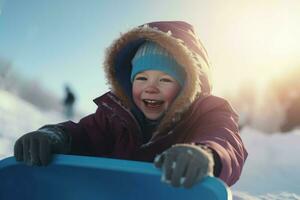 Smiling kid sledding snow. Generate Ai photo
