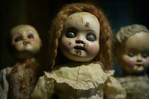 muñecas de miedo Siniestro juguetes retrato oscuro. generar ai foto
