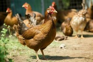 Beautiful brown hen in backyard. Generate ai photo