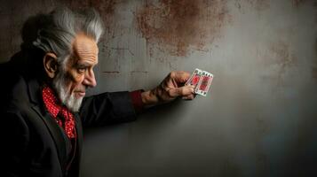 retrato de un antiguo hombre jugando tarjetas en un grunge antecedentes. retirado personas jugar puente. foto