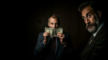 Money closes my mouth to tell the truth. Fraud in legal lawyer services. Two men in suits on a dark background. photo