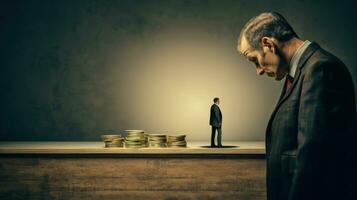 Man looking at a miniature businessman standing on a pile of coins.  Boss and subordinate, staff and personnel. photo