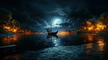 Fantasy scene with boat on the river at night. Moonlight, starry sky, fairytale night scene. Another reality. photo