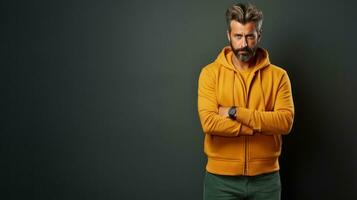 Handsome man in yellow hoodie standing with arms crossed on grey background. Cool casual confident middle age guy. photo