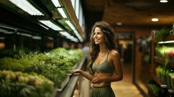 Portrait of a beautiful slim young woman wear green top tank standing in a vegetable store. photo