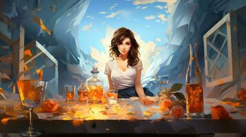 ilustración de un hermosa mujer sentado a el mesa con vaso de whisky. foto