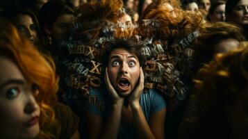 Portrait of a scared transgender in front of a crowd. Androgynous authentic identity for gender and sex education. photo